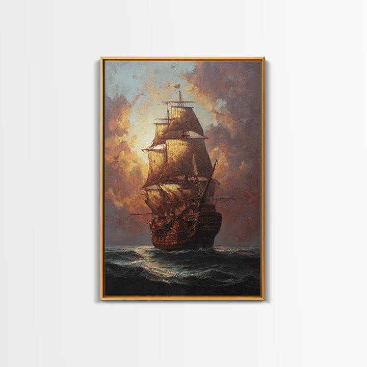 Ship at Sea Framed Canvas Print, Traditional Art, Original Art, Living Room Decor, Fine Art, Classic, Landscape, Indian Art, TRA-2x3-94