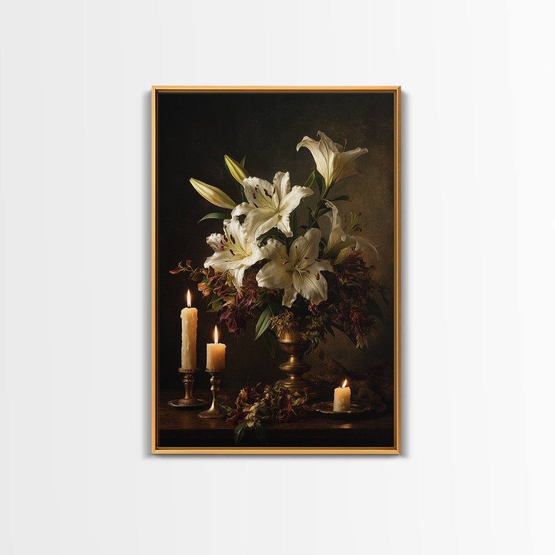 White Lilies on Dark Background Canvas Print, Traditional Art, Dark Art, Living Room Decor, Oil Painting, Classic, TRA-2x3-95