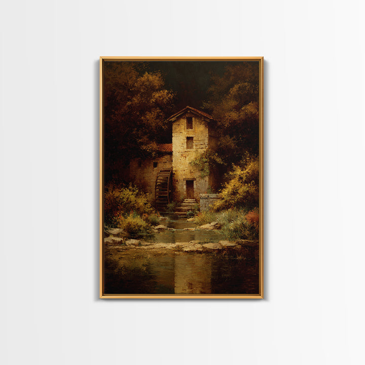Watermill Beside a Quiet Stream Framed Canvas Print, Traditional Art, Canvas Print, Living Room Decor, Fine Art, Classic, TRA-2x3-97