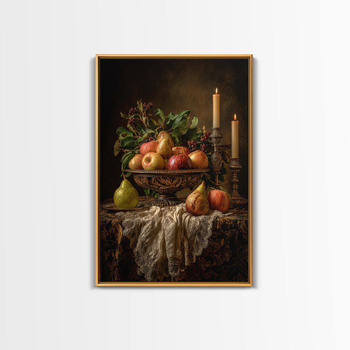 Basket of Apples and Pears on Linen Framed Canvas Print, Traditional Art, Canvas, Living Room Decor, Abstract Art, Classic, TRA-2x3-98