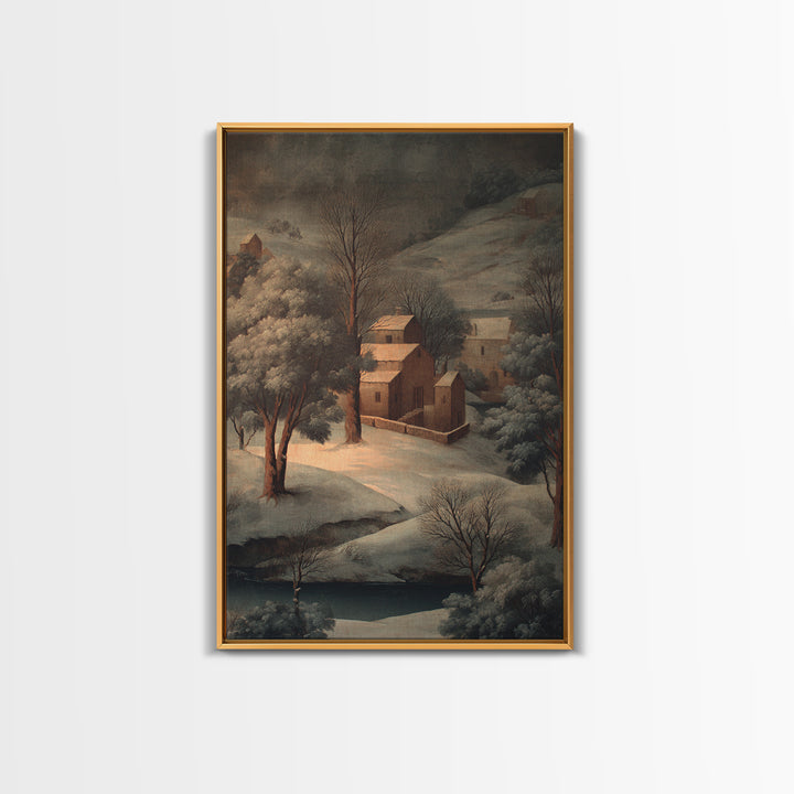 Snowy Village Landscape at Twilight Canvas Print, Traditional Art, Japanese Decor, Living Room Decor, Fine Art, Classic, TRA-2x3-99