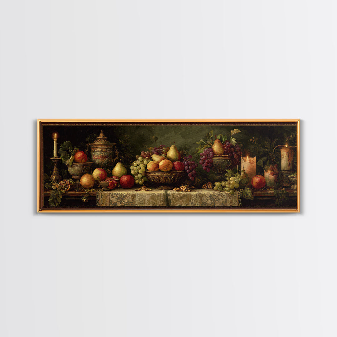 Basket of Apples and Pears on Linen Framed Canvas Print, Traditional Art, Decor, Living Room Decor, Abstract Art, Classic, TRA-3x1-10