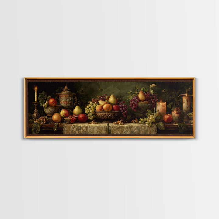 Basket of Apples and Pears on Linen Framed Canvas Print, Traditional Art, Decor, Living Room Decor, Abstract Art, Classic, TRA-3x1-10