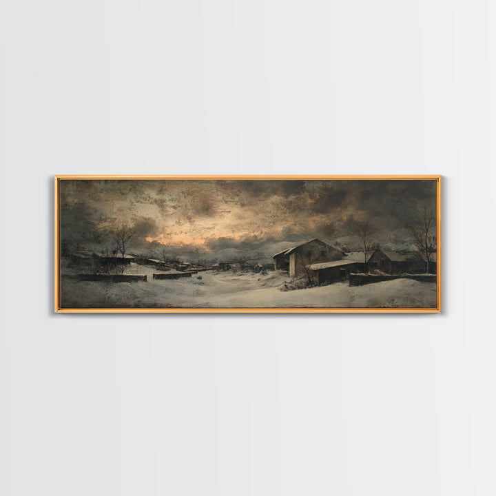 Snowy Village Landscape at Twilight Canvas Print, Traditional Art, Pokemon Poster, Living Room Decor, Watercolor Art, Classic, TRA-3x1-11