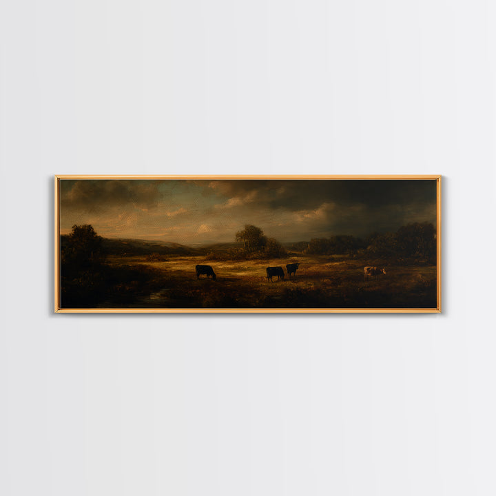 Pastoral Countryside with Cows in Field Framed Canvas Print, Traditional Art, Room Decor, Living Room Decor, Fine Art, Classic, TRA-3x1-23