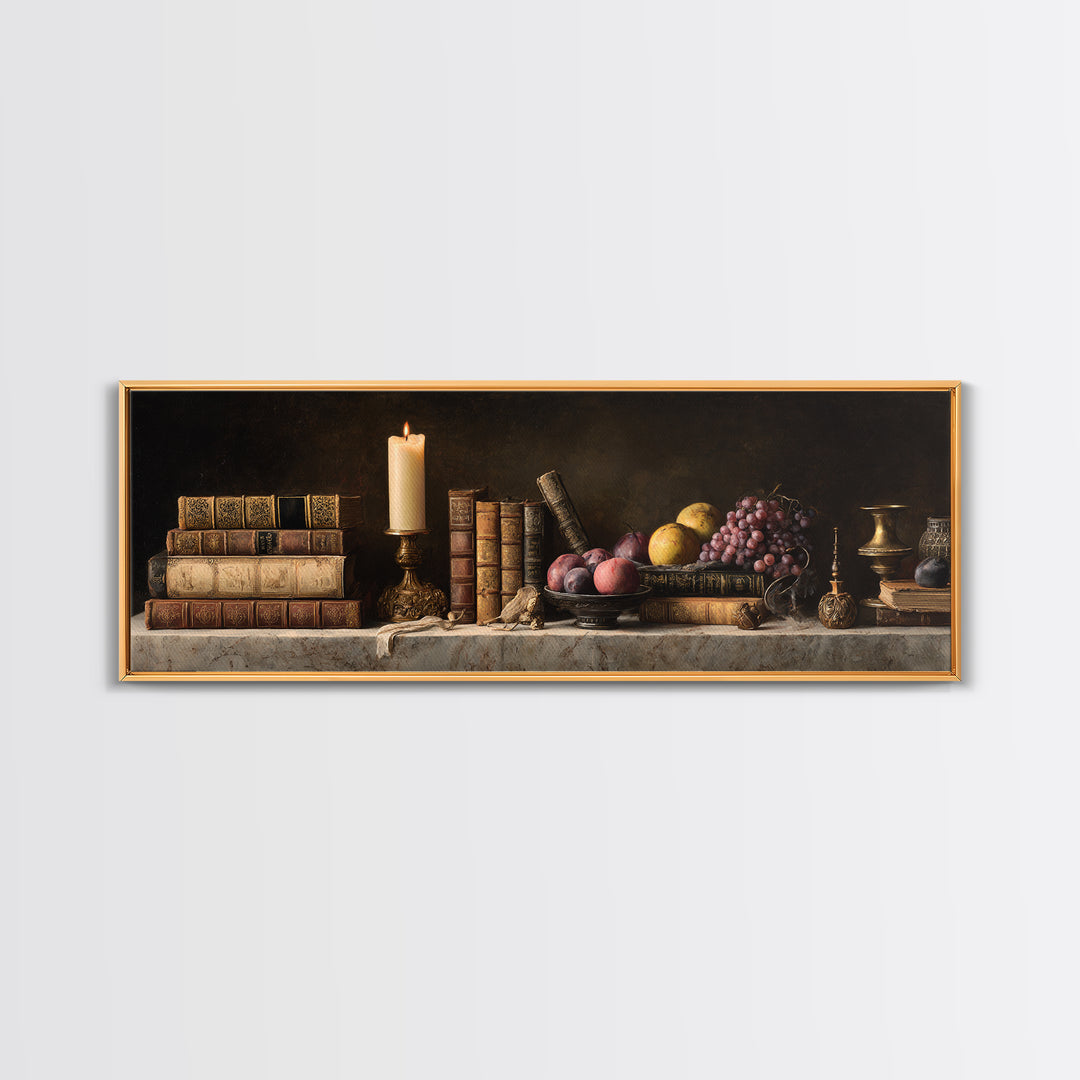 Still Life of Books Candle and Fruit Canvas Print, Traditional Art, Gallery Decor, Living Room Decor, Fine Art, Classic, TRA-3x1-36