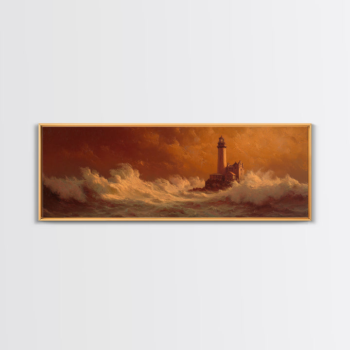 Lighthouse with Crashing Waves Framed Canvas Print, Traditional Art, Indian Wall Art, Living Room Decor, Watercolor Art, TRA-3x1-37