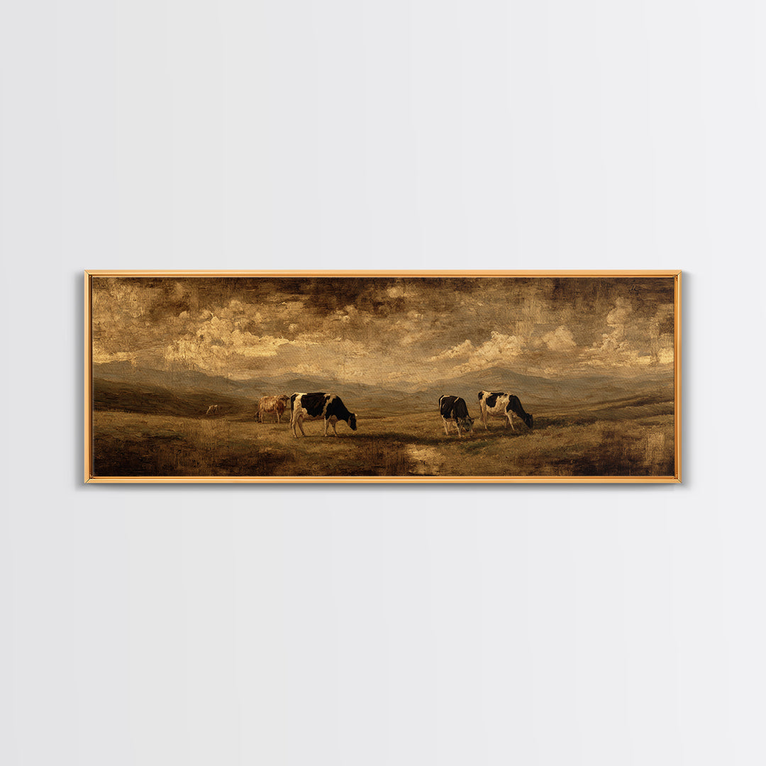 Pastoral Countryside with Cows in Field Framed Canvas Print, Traditional Art, Living Room Decor, Oil Painting, Classic, TRA-3x1-47
