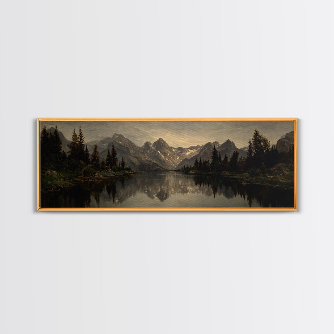 Mountain Lake with Pine Forest Reflection Canvas Print, Traditional Art, Landscape, Living Room Decor, Fine Art, Classic, TRA-3x1-49