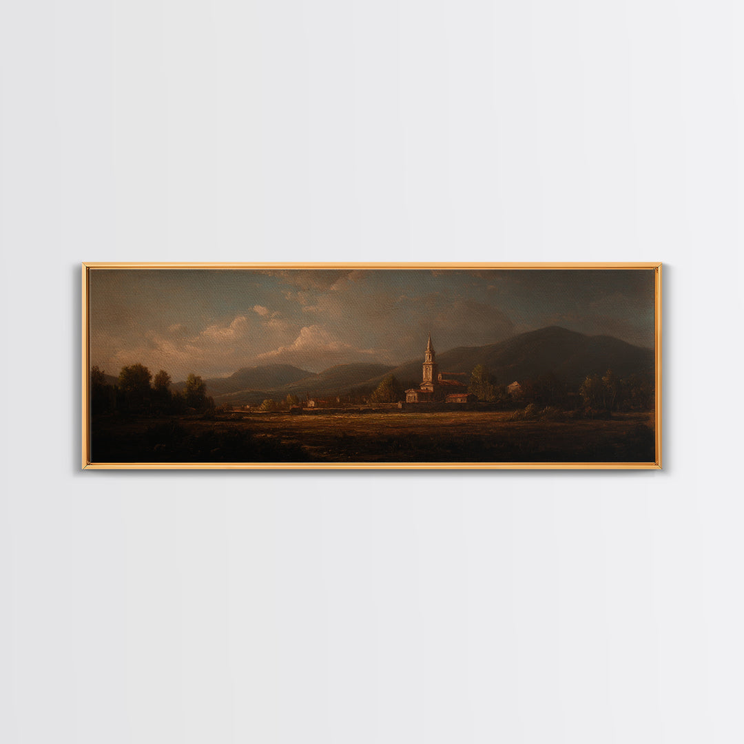 Church Steeple Across Rural Meadow Framed Canvas Print, Traditional Art, Printable Art, Living Room Decor, Watercolor Art, TRA-3x1-5