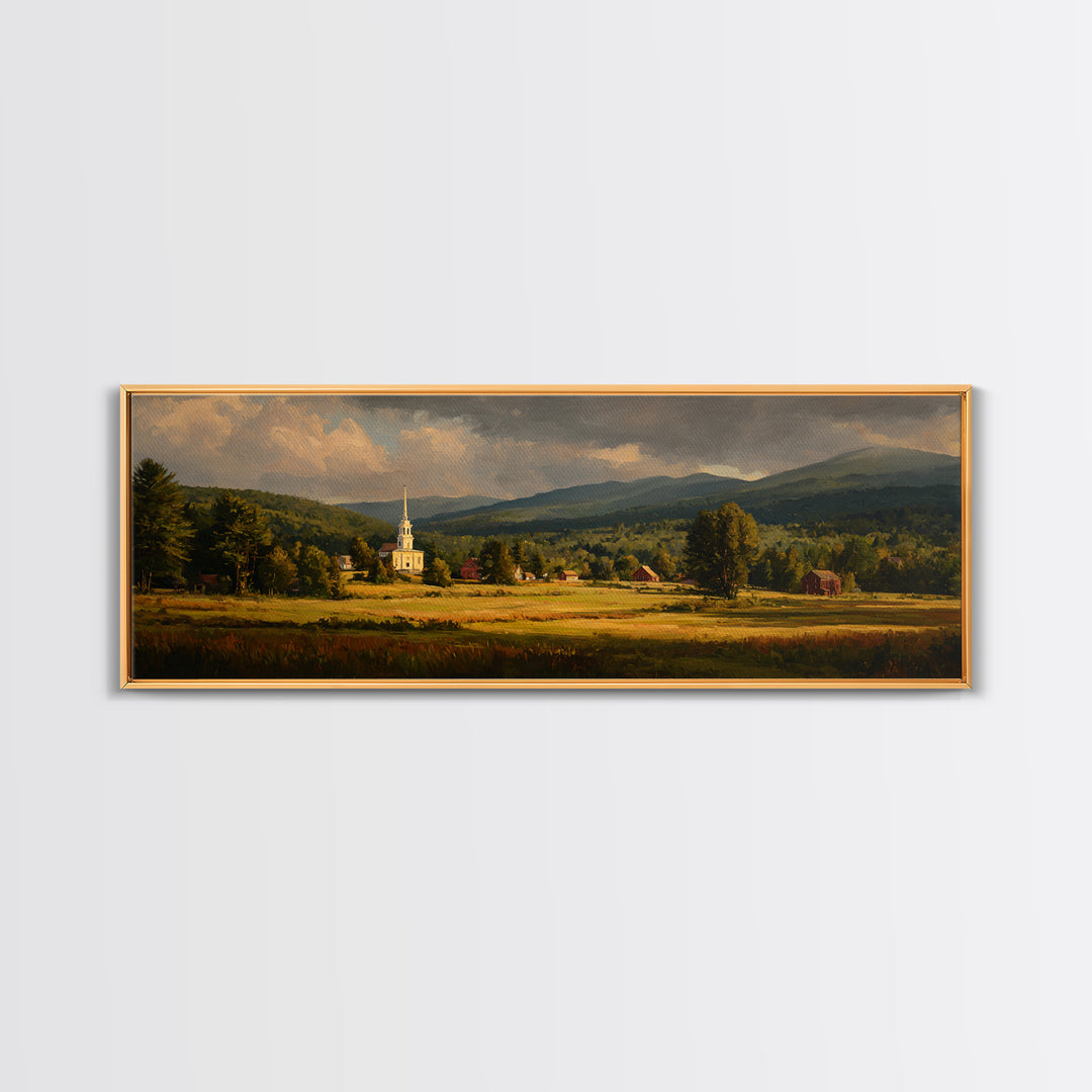 Church Steeple Across Rural Meadow Framed Canvas Print, Traditional Art, Indian Art, Living Room Decor, Oil Painting, Classic, TRA-3x1-53