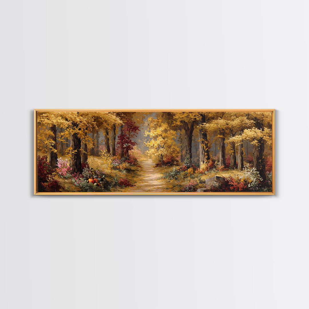 Autumn Forest Road Framed Canvas Print, Traditional Art, Minimalist Decor, Living Room Decor, Oil Painting, Classic, Boho, TRA-3x1-56