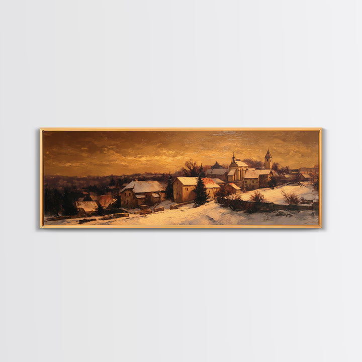 Snowy Village Landscape at Twilight Framed Canvas Print, Traditional Art, Wall Decor, Living Room Decor, Fine Art, Classic, TRA-3x1-59