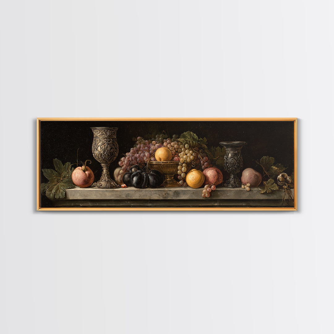 Dutch Fruit and Silver Goblet Still Life Framed Canvas Print, Traditional Art, Living Room Decor, Watercolor Art, Classic, TRA-3x1-68