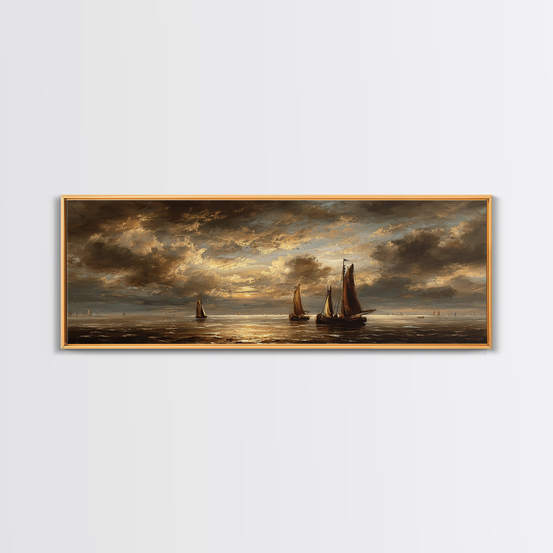 Seascape with Sailboats and Cloudy Sky Framed Canvas Print, Traditional Art, Gallery Decor, Living Room Decor, Classic, TRA-3x1-69