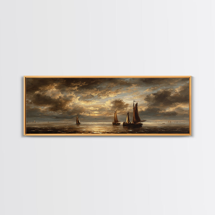 Seascape with Sailboats and Cloudy Sky Framed Canvas Print, Traditional Art, Gallery Decor, Living Room Decor, Classic, TRA-3x1-69