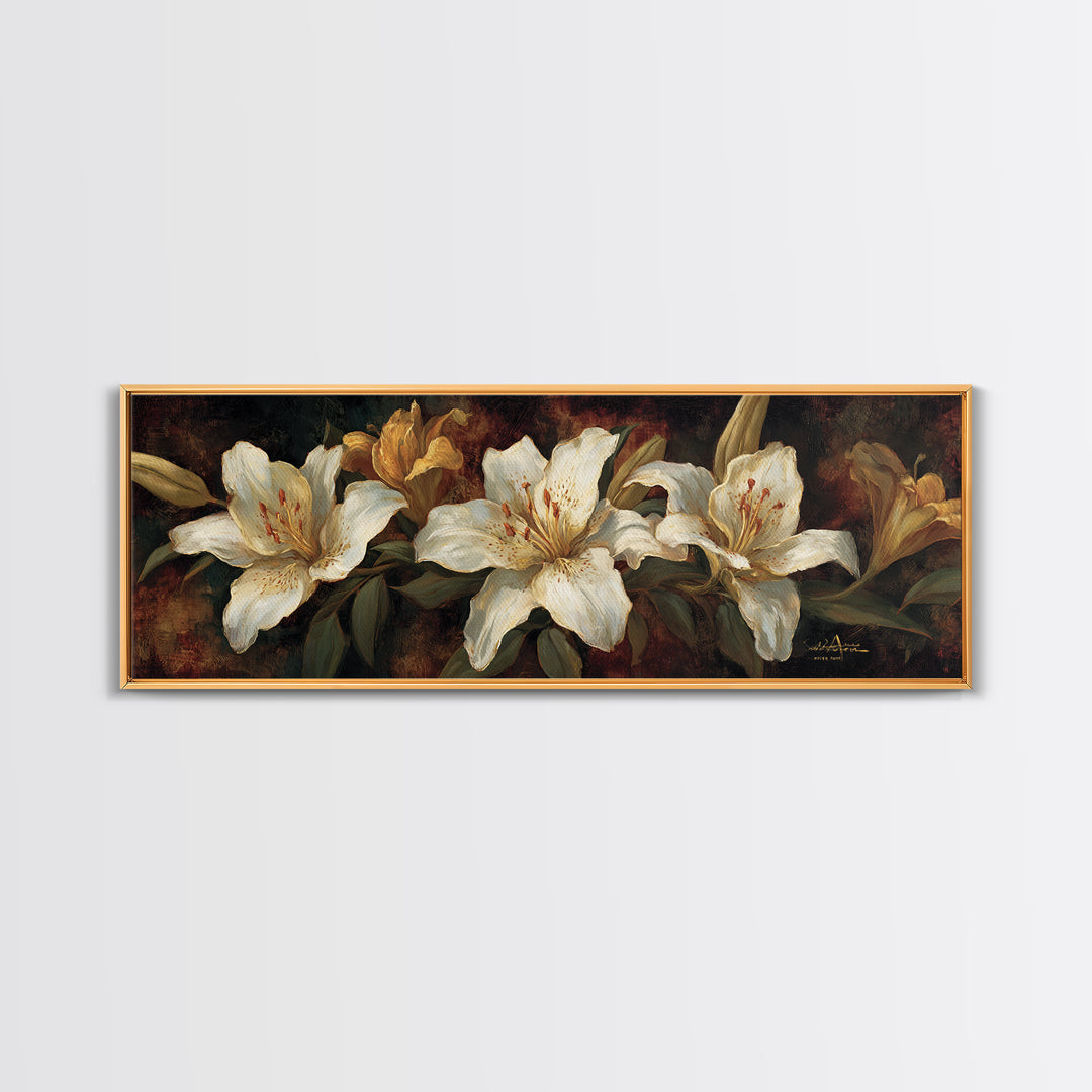 White Lilies on Dark Background Framed Canvas Print, Traditional Art, Statement Artwork, Living Room Decor, Fine Art, Classic, TRA-3x1-7