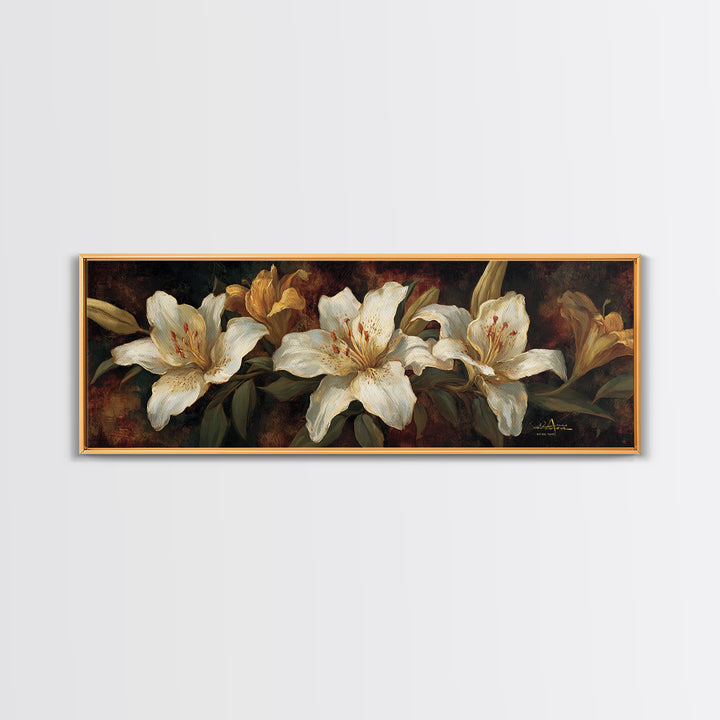 White Lilies on Dark Background Framed Canvas Print, Traditional Art, Statement Artwork, Living Room Decor, Fine Art, Classic, TRA-3x1-7