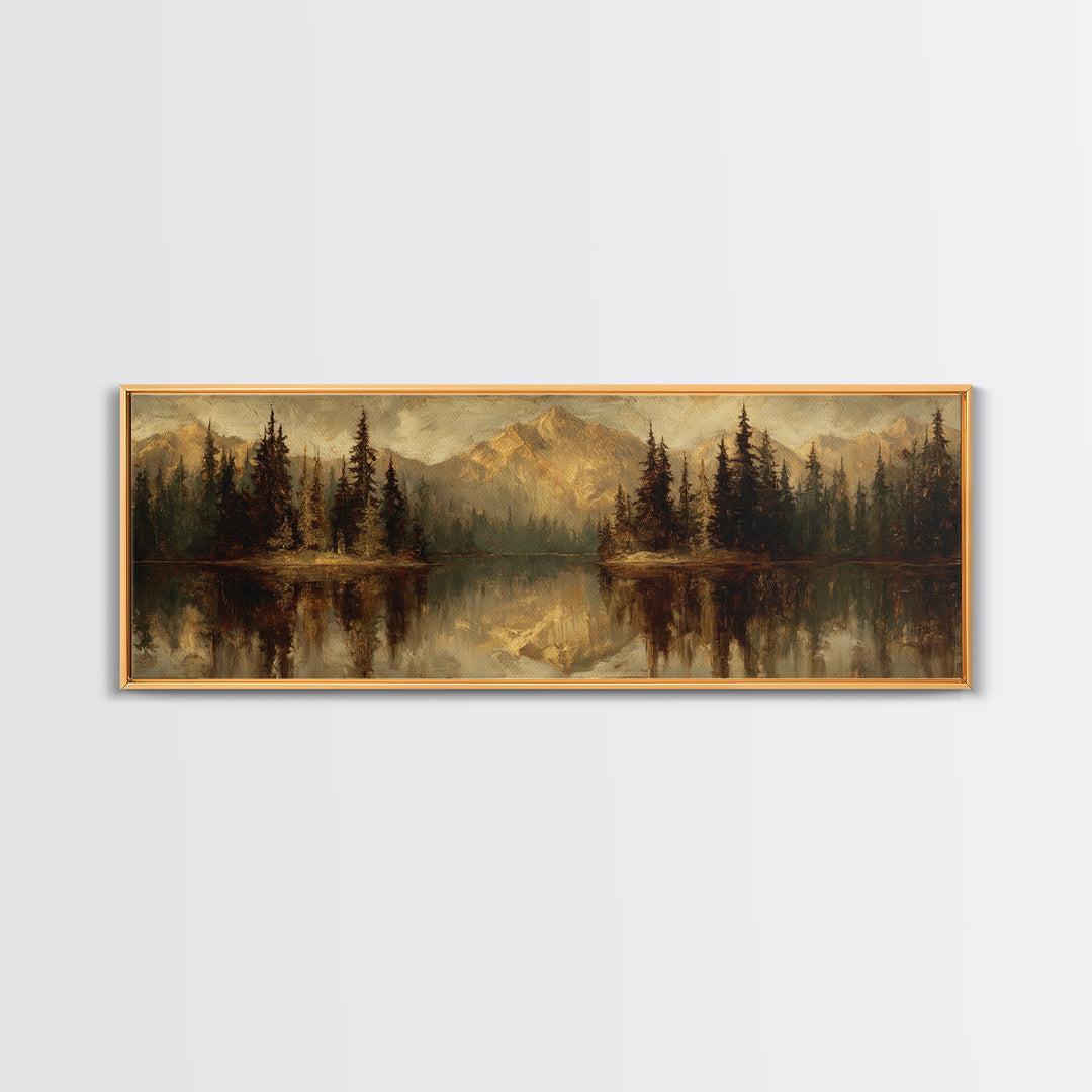 Mountain Lake with Pine Forest Reflection Framed Canvas Print, Traditional Art, Neutral Decor, Living Room Decor, Oil Painting, TRA-3x1-73