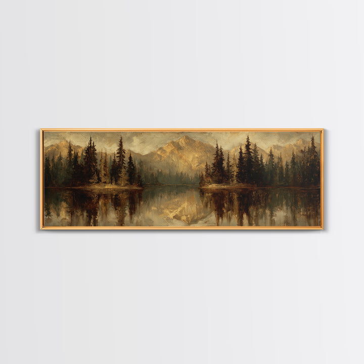 Mountain Lake with Pine Forest Reflection Framed Canvas Print, Traditional Art, Neutral Decor, Living Room Decor, Oil Painting, TRA-3x1-73