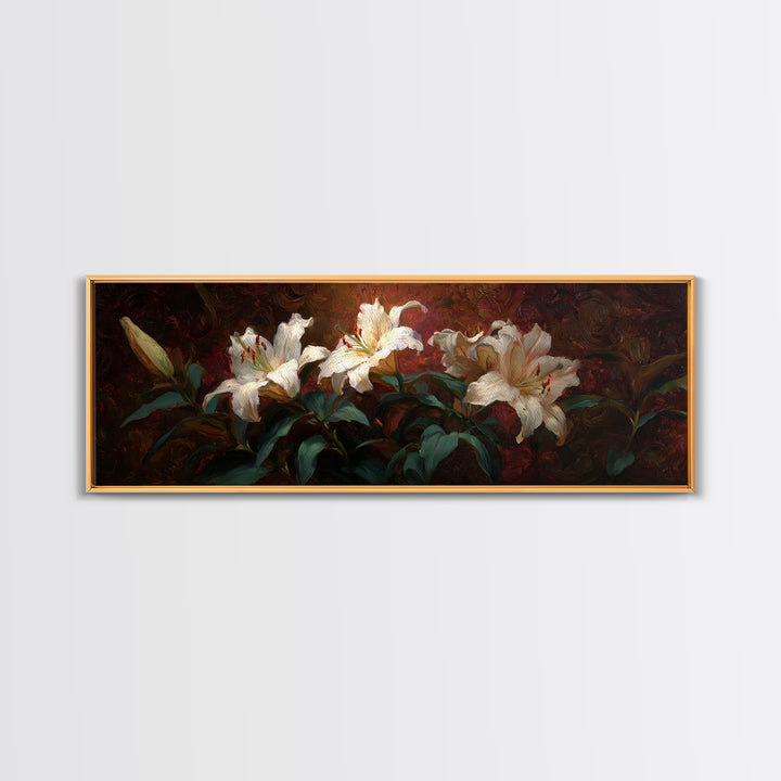 White Lilies on Dark Background Framed Canvas Print, Traditional Art, Digital Print, Living Room Decor, Oil Painting, Classic, TRA-3x1-79