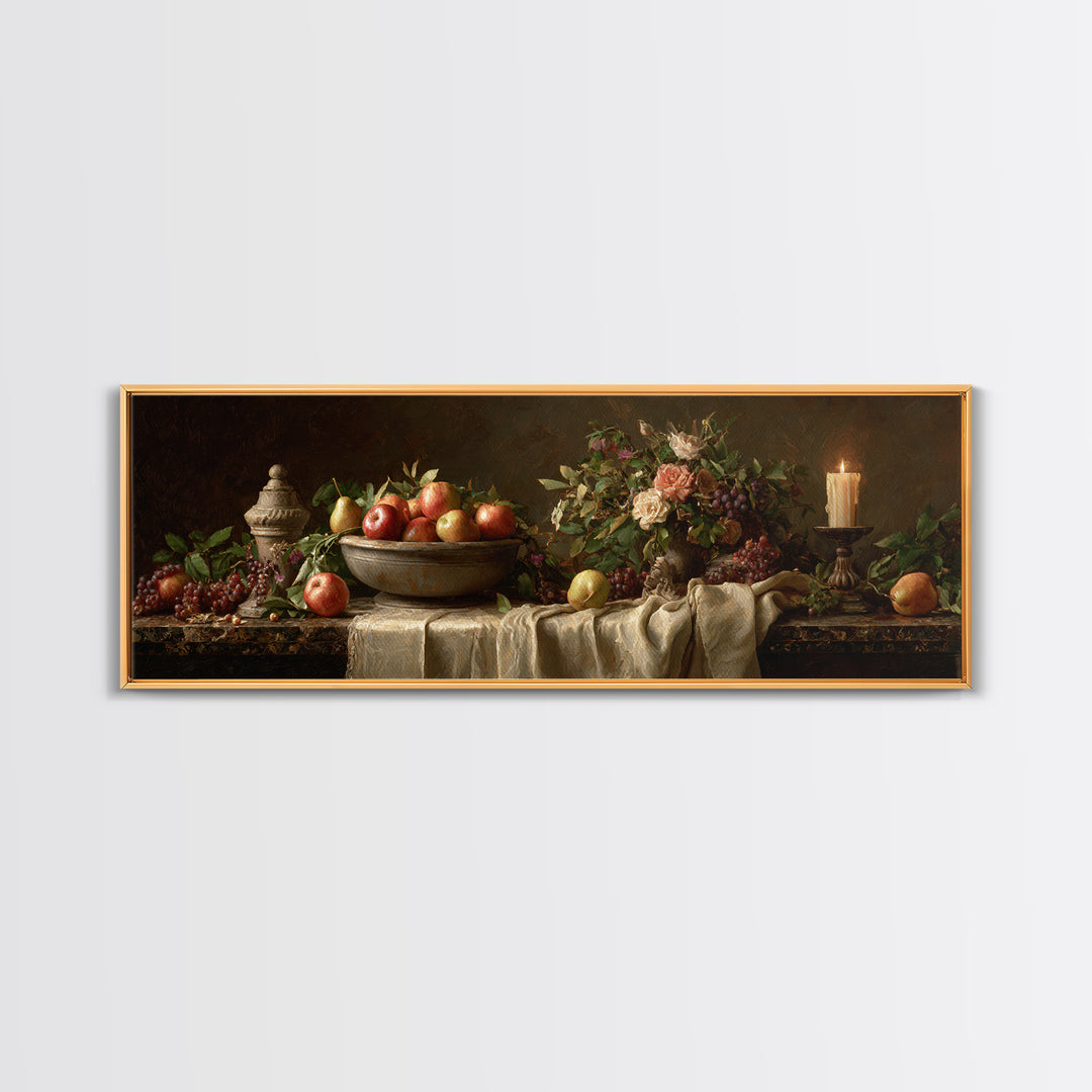 Basket of Apples and Pears on Linen Framed Canvas Print, Traditional Art, Art Commissions, Living Room Decor, Fine Art, Classic, TRA-3x1-82