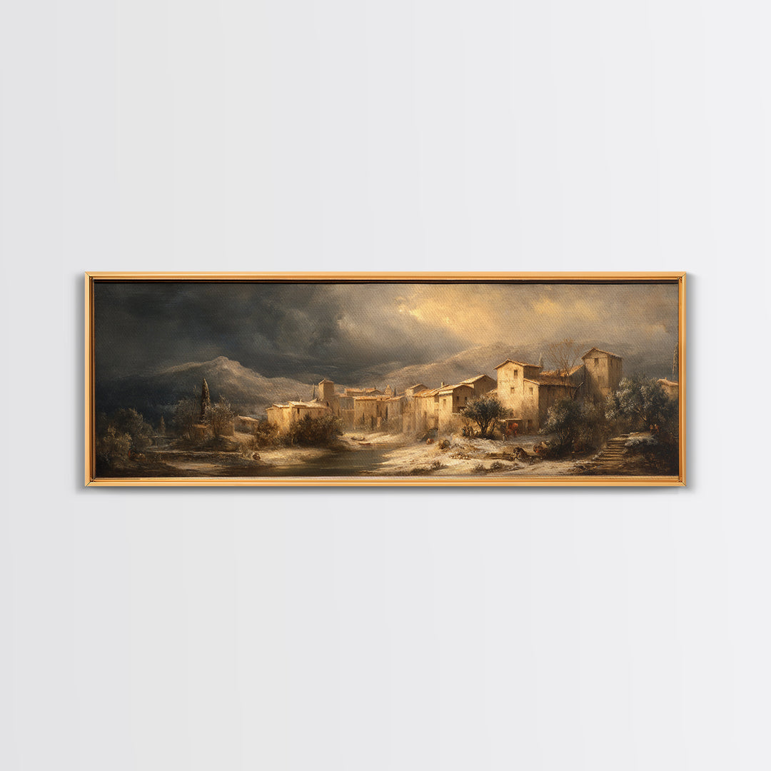 Snowy Village Landscape at Twilight Canvas Print, Traditional Art, Art Commission, Living Room Decor, Fine Art, Classic, TRA-3x1-83