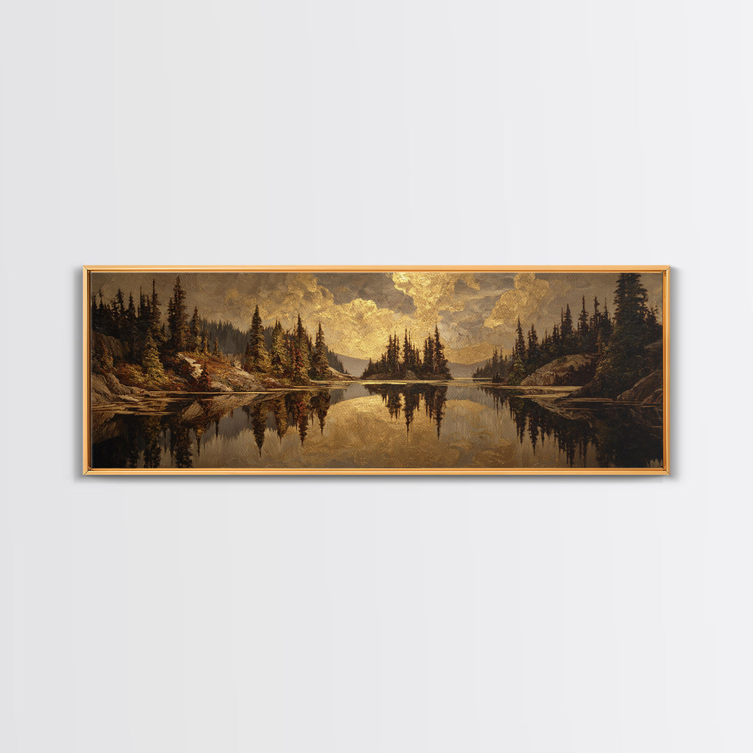 Mountain Lake with Pine Forest Reflection Canvas Print, Traditional Art, Luxury Decor, Living Room Decor, Fine Art, Classic, TRA-3x1-97