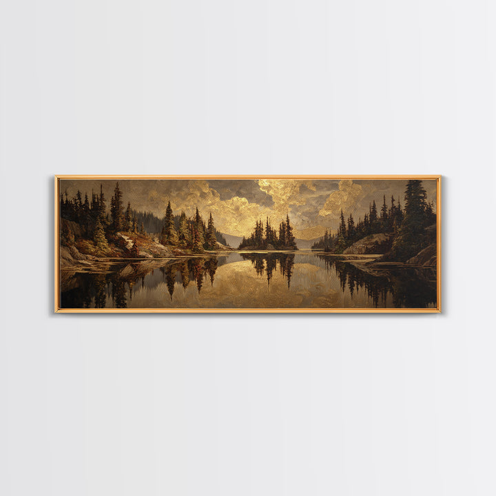 Mountain Lake with Pine Forest Reflection Canvas Print, Traditional Art, Luxury Decor, Living Room Decor, Fine Art, Classic, TRA-3x1-97