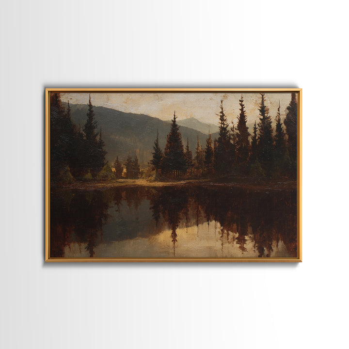 Mountain Lake with Pine Forest Reflection Framed Canvas Print, Traditional Art, Indian Wall Art, Living Room Decor, Classic, TRA-3x2-13
