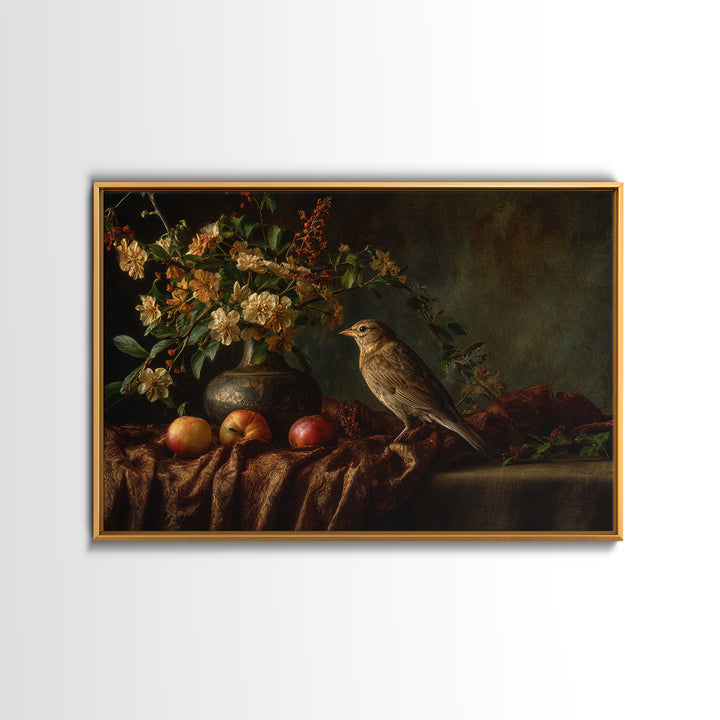 Bird Study on a Flowering Branch Framed Canvas Print, Traditional Art, Artwork, Living Room Decor, Oil Painting, Classic, TRA-3x2-14