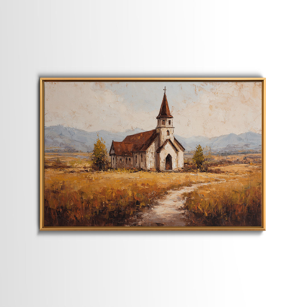 Church Steeple Across Rural Meadow Canvas Print, Traditional Art, Japanese Decor, Living Room Decor, Fine Art, Classic, TRA-3x2-17