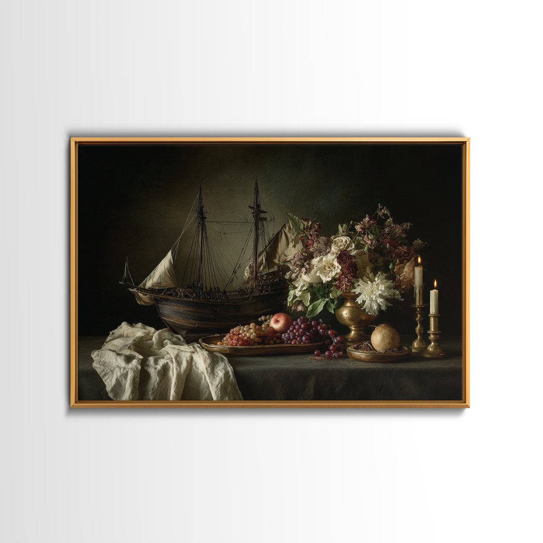 Ship at Sea Framed Canvas Print, Traditional Art, Original Art, Living Room Decor, Fine Art, Classic, Landscape, Indian Art, TRA-3x2-18