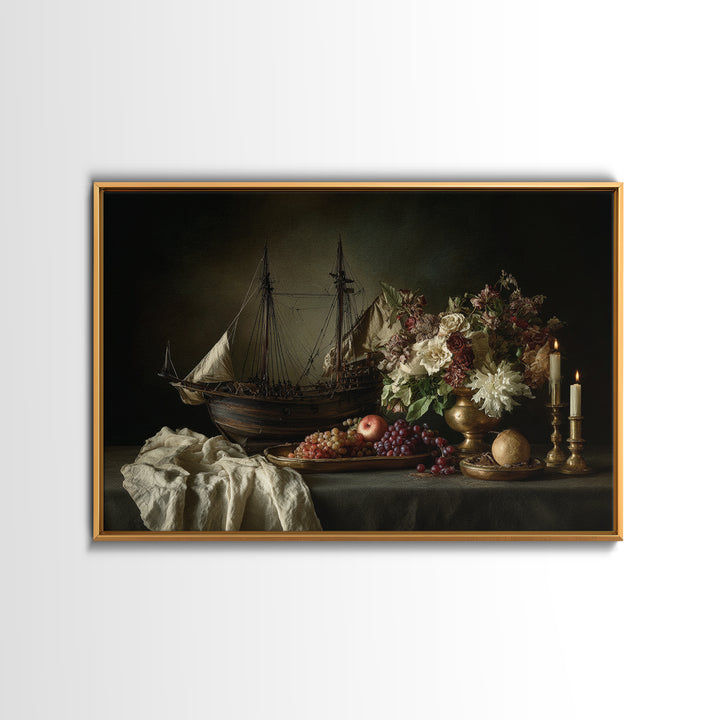 Ship at Sea Framed Canvas Print, Traditional Art, Original Art, Living Room Decor, Fine Art, Classic, Landscape, Indian Art, TRA-3x2-18