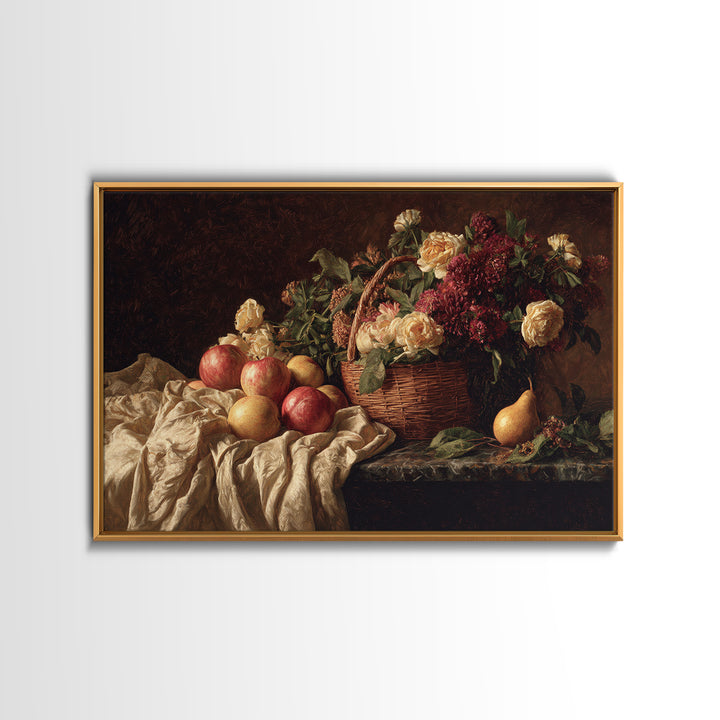 Basket of Apples and Pears on Linen Canvas Print, Traditional Art, Digital Print, Living Room Decor, Abstract Art, Classic, TRA-3x2-22