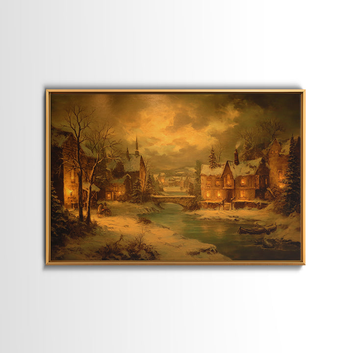 Snowy Village Landscape at Twilight Framed Canvas Print, Traditional Art, Indian Art, Living Room Decor, Oil Painting, Classic, TRA-3x2-23