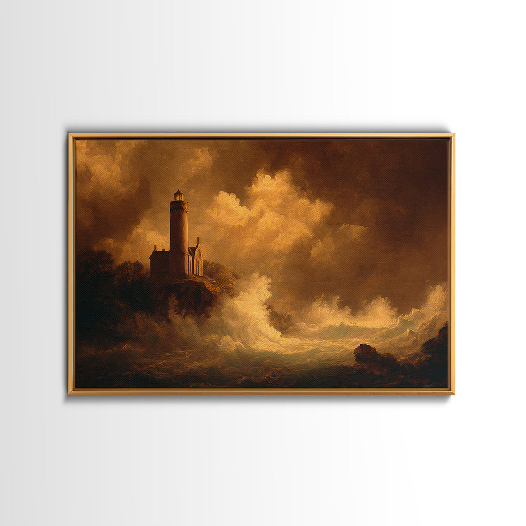 Lighthouse with Crashing Waves Framed Canvas Print, Traditional Art, Landscape, Living Room Decor, Abstract Art, Classic, TRA-3x2-25