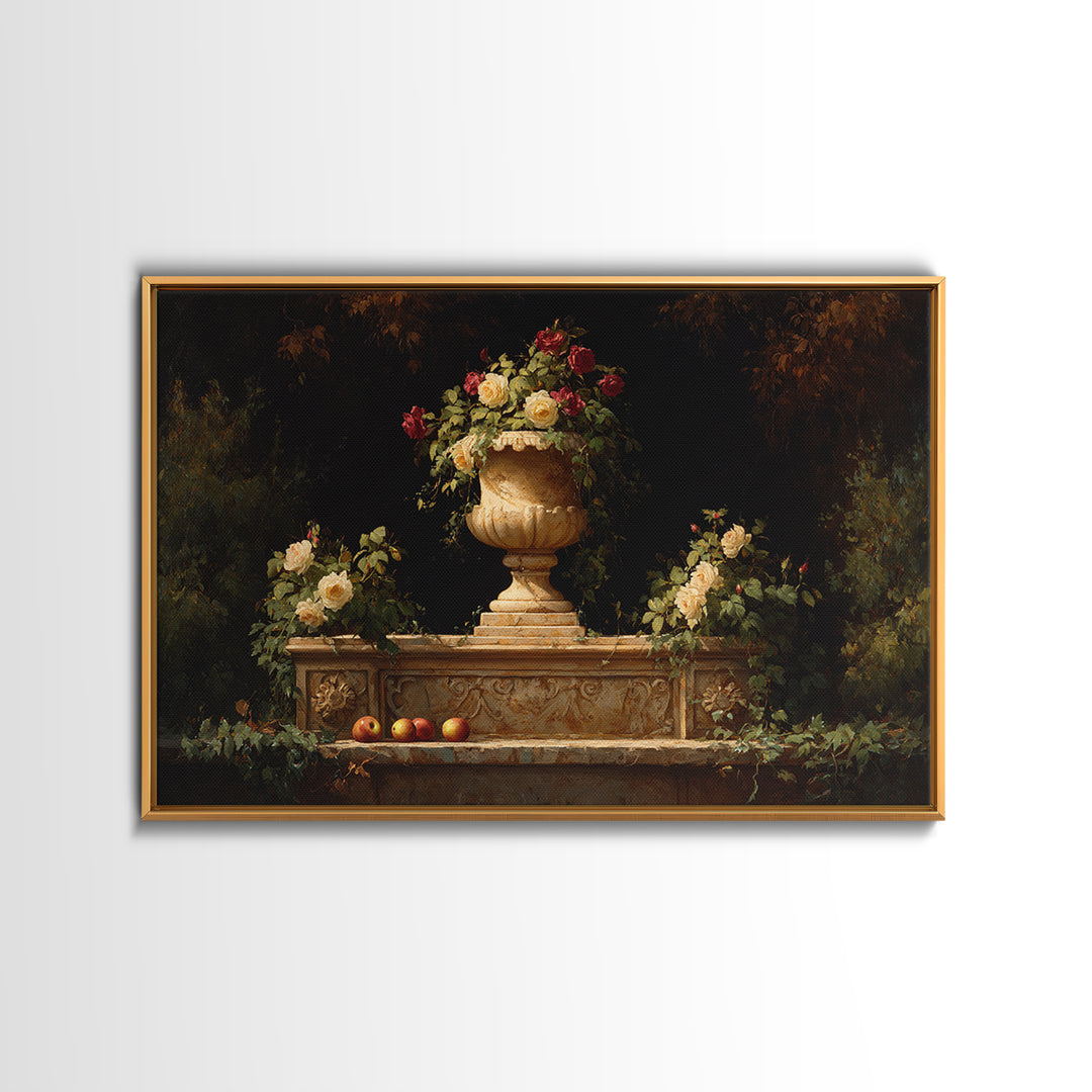 Garden Urn with Roses and Ivy Framed Canvas Print, Traditional Art, Custom Art, Living Room Decor, Fine Art, Classic, TRA-3x2-28