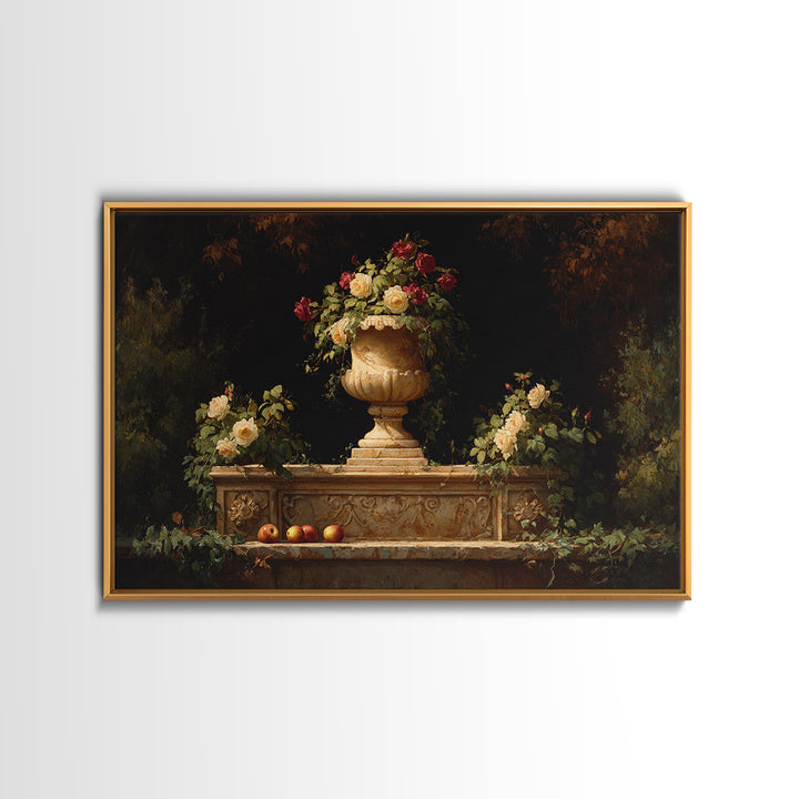 Garden Urn with Roses and Ivy Framed Canvas Print, Traditional Art, Custom Art, Living Room Decor, Fine Art, Classic, TRA-3x2-28