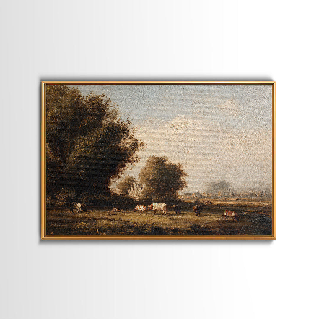 Pastoral Countryside with Cows in Field Framed Canvas Print, Traditional Art, Room Decor, Living Room Decor, Fine Art, Classic, TRA-3x2-35