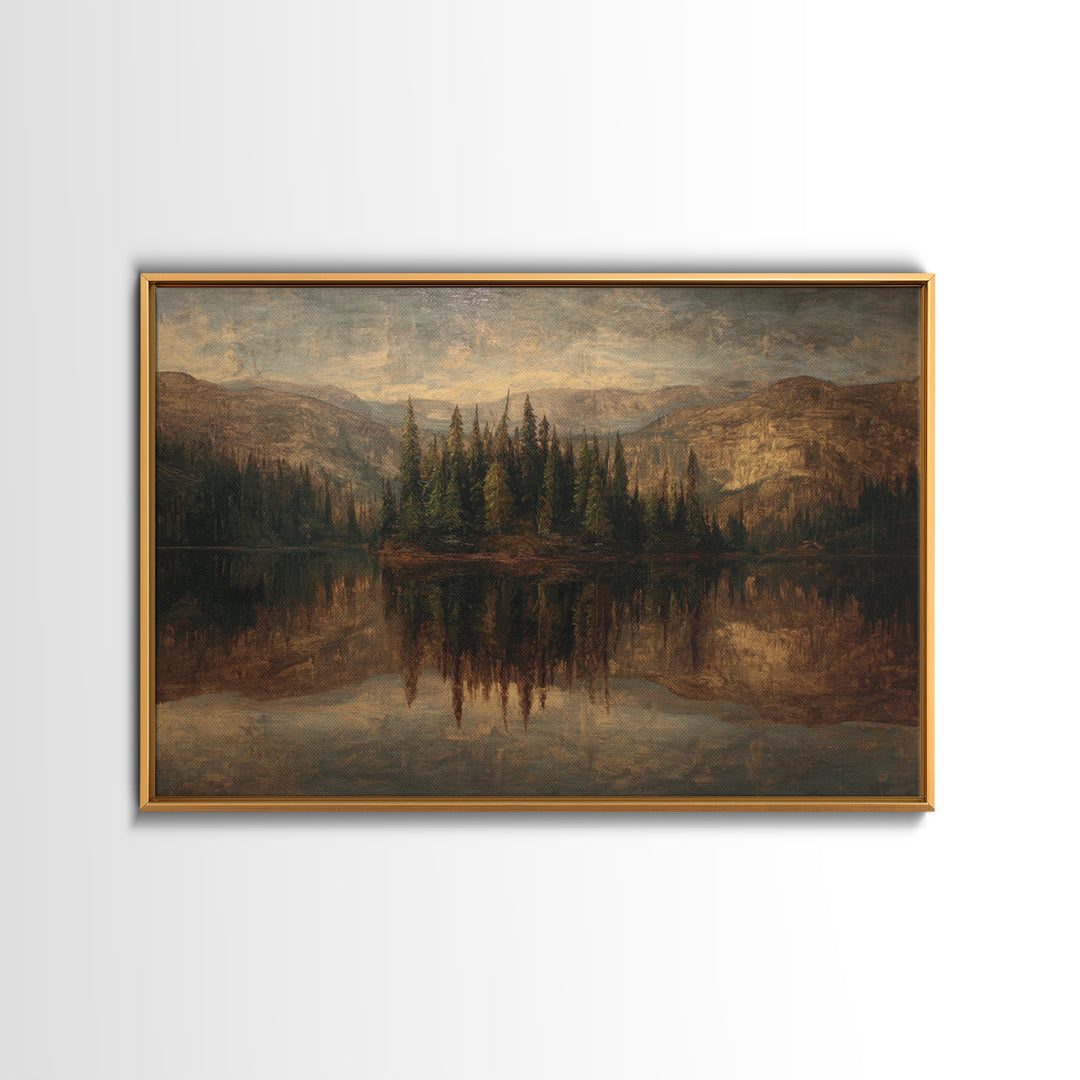Mountain Lake with Pine Forest Reflection Canvas Print, Traditional Art, Dark Art, Living Room Decor, Fine Art, Classic, TRA-3x2-37