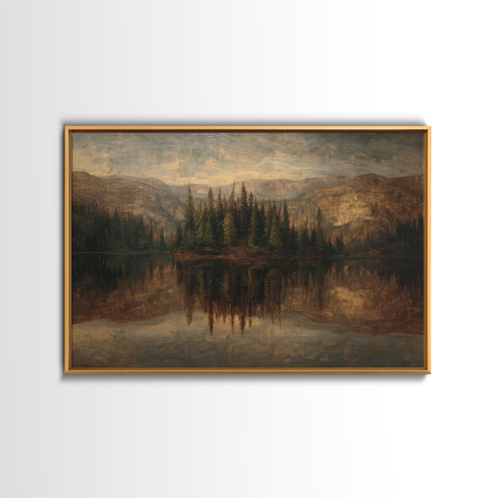 Mountain Lake with Pine Forest Reflection Canvas Print, Traditional Art, Dark Art, Living Room Decor, Fine Art, Classic, TRA-3x2-37