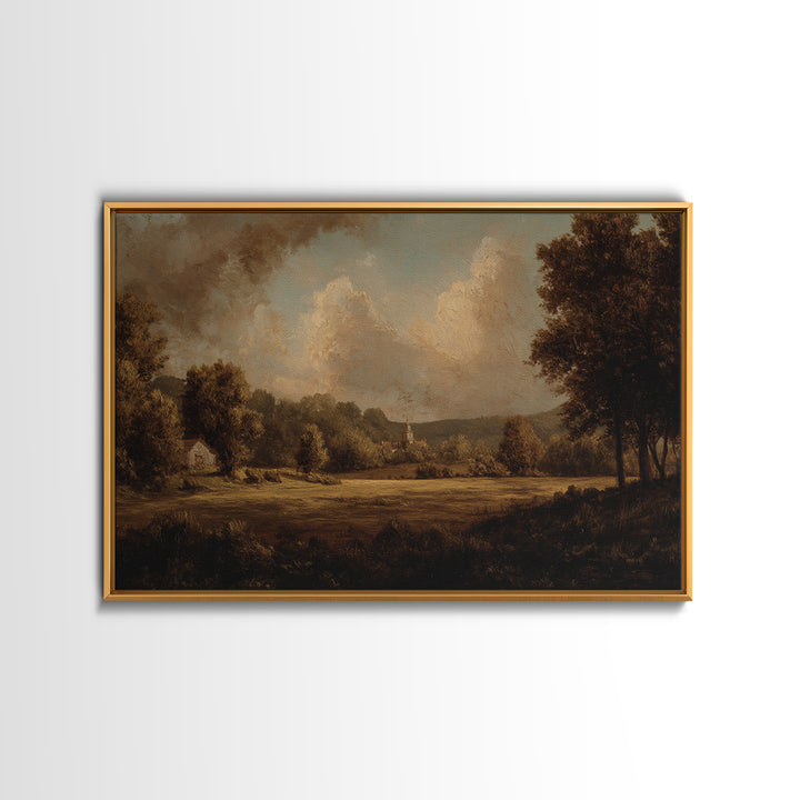 Church Steeple Across Rural Meadow Framed Canvas Print, Traditional Art, Pokemon Poster, Living Room Decor, Watercolor Art, TRA-3x2-41