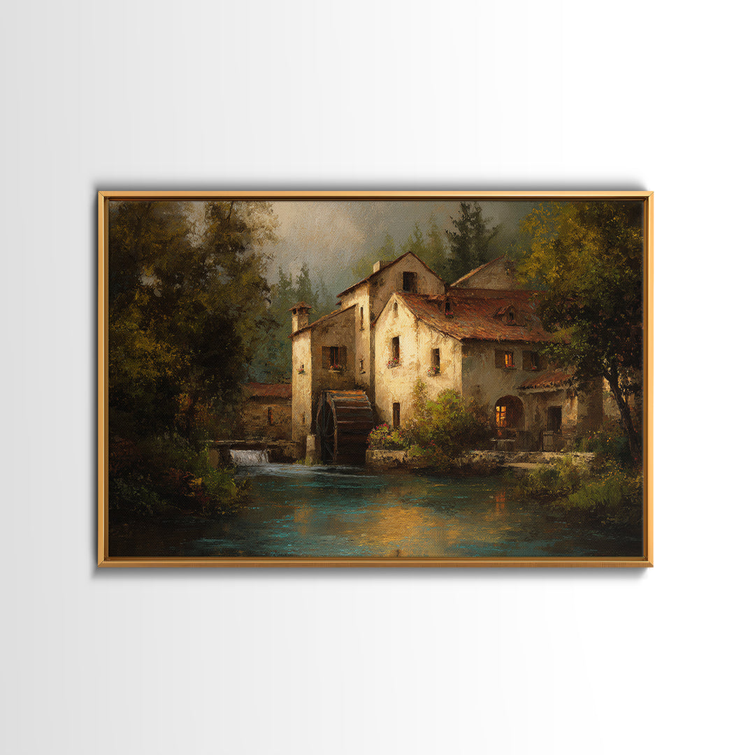Watermill Beside a Quiet Stream Framed Canvas Print, Traditional Art, Gallery Decor, Living Room Decor, Fine Art, Classic, TRA-3x2-45