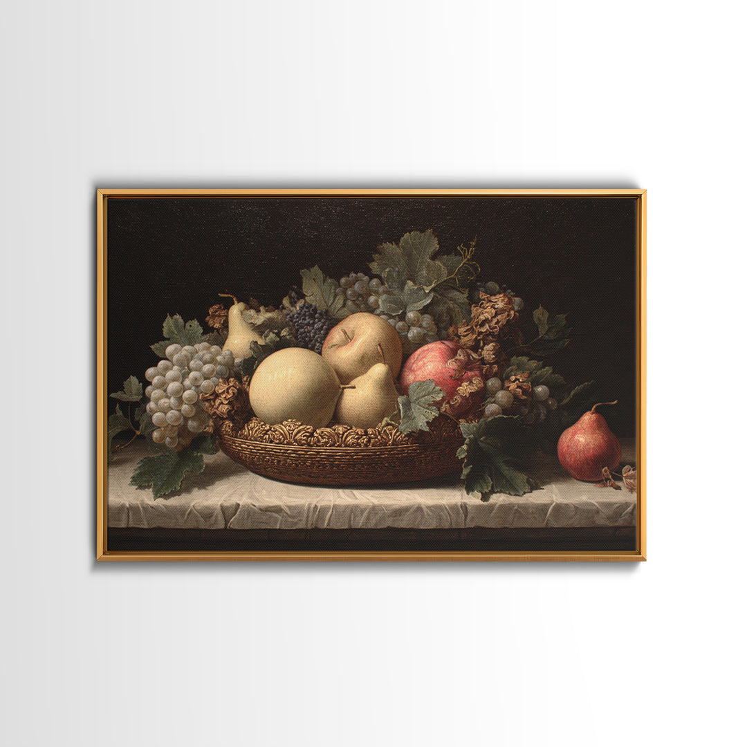 Basket of Apples and Pears on Linen Framed Canvas Print, Traditional Art, Custom Art, Living Room Decor, Abstract Art, Classic, TRA-3x2-46