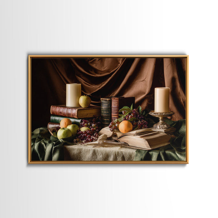 Still Life of Books Candle and Fruit Canvas Print, Traditional Art, Gallery Decor, Living Room Decor, Fine Art, Classic, TRA-3x2-48
