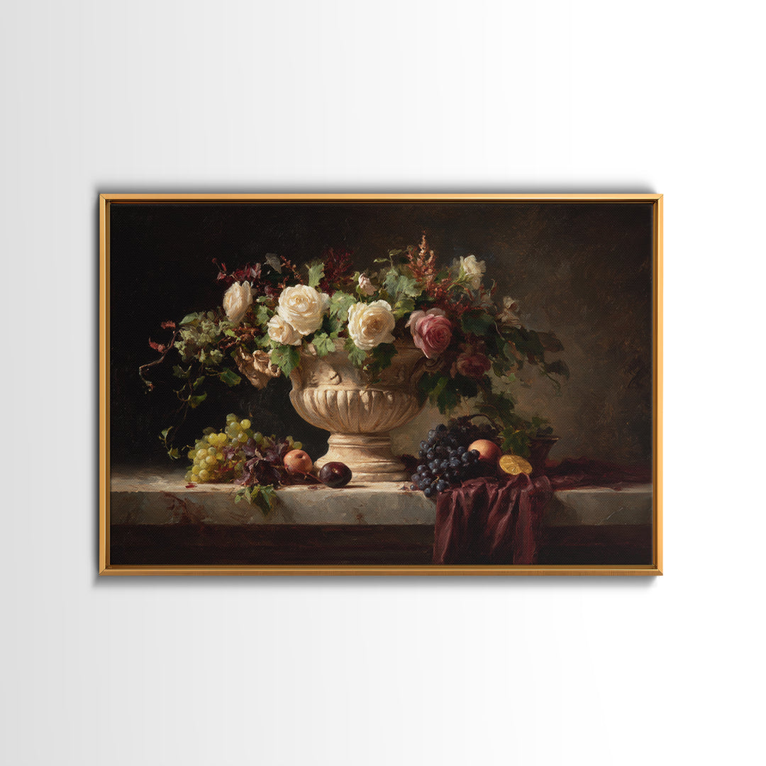 Garden Urn with Roses and Ivy Canvas Print, Traditional Art, Landscape, Living Room Decor, Fine Art, Classic, Textured Painting, TRA-3x2-52