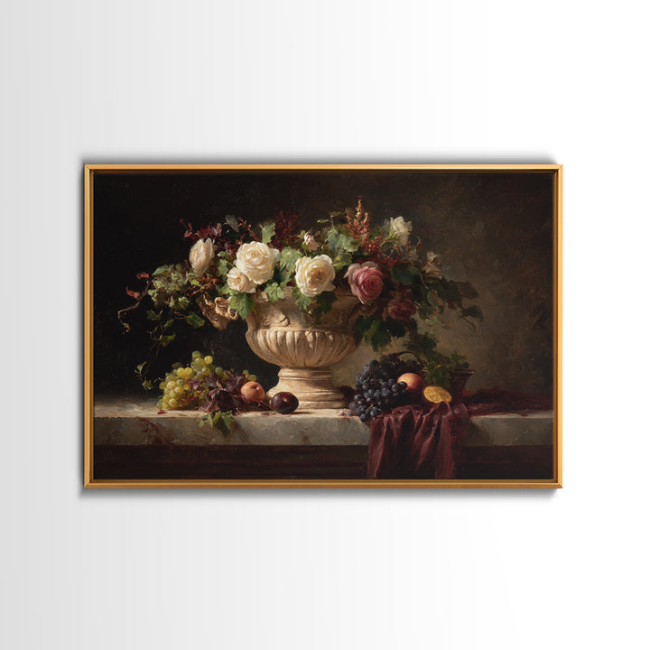 Garden Urn with Roses and Ivy Canvas Print, Traditional Art, Landscape, Living Room Decor, Fine Art, Classic, Textured Painting, TRA-3x2-52