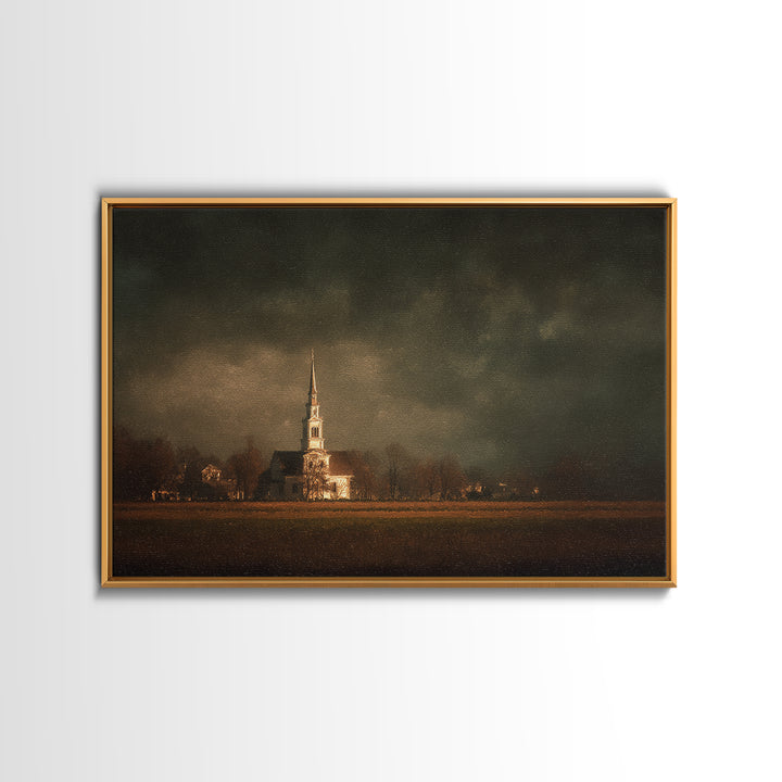 Church Steeple Across Rural Meadow Framed Canvas Print, Traditional Art, Pokemon Poster, Living Room Decor, Watercolor Art, TRA-3x2-65