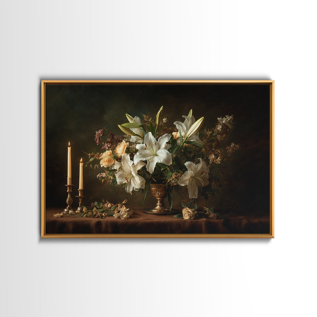 White Lilies on Dark Background Canvas Print, Traditional Art, Canvas, Living Room Decor, Watercolor Art, Classic, Furry Art, TRA-3x2-67
